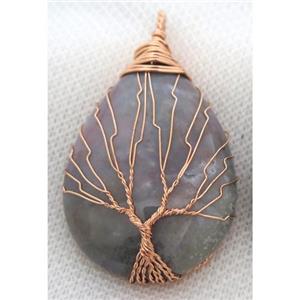 Indian Agate Teardrop Pendant Tree Of Life Wire Wrapped Rose Gold, approx 30x40mm [GMPDA8039]