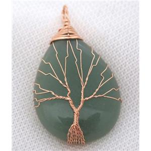 Green Aventurine Teardrop Pendant Tree Of Life Wire Wrapped Rose Gold, approx 30x40mm [GMPDA8041]