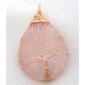 Pink Rose Quartz Teardrop Pendant Tree Of Life Wire Wrapped Rose Gold, approx 30x40mm [GMPDA8042]