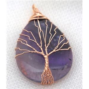 Purple Amethyst Teardrop Pendant Tree Of Life Wire Wrapped Rose Gold, approx 30x40mm [GMPDA8044]