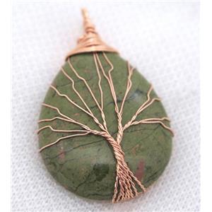 Unakite Teardrop Pendant Tree Of Life Wire Wrapped Rose Gold, approx 30x40mm [GMPDA8045]