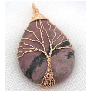 Rhodonite Teardrop Pendant Tree Of Life Wire Wrapped Rose Gold, approx 30x40mm [GMPDA8046]