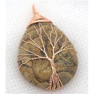 Picture Jasper Teardrop Pendant Tree Of Life Wire Wrapped Rose Gold, approx 30x40mm [GMPDA8047]