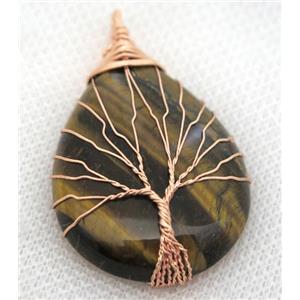Tiger Eye Stone Teardrop Pendant Tree Of Life Wire Wrapped Rose Gold, approx 30x40mm [GMPDA8048]