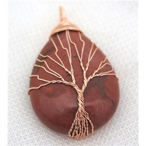 Red Jasper Teardrop Pendant Tree Of Life Wire Wrapped Rose Gold, approx 30x40mm [GMPDA8050]