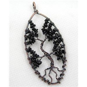 Black Obsidian Chips Pendant Tree Of Life Wire Wrapped Oval Antique Red, approx 40x80mm [GMPDA8053]