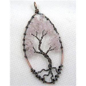Pink Rose Quartz Chips Pendant Tree Of Life Wire Wrapped Oval Antique Red, approx 40x80mm [GMPDA8054]