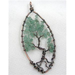Green Aventurine Chips Pendant Tree Of Life Wire Wrapped Oval Antique Red, approx 40x80mm [GMPDA8055]