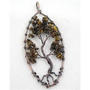 Tiger Eye Stone Chips Pendant Tree Of Life Wire Wrapped Oval Antique Red, approx 40x80mm [GMPDA8057]