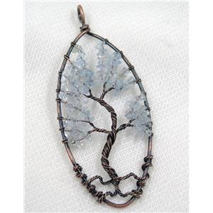 Blue Aquamarine Chips Pendant Tree Of Life Wire Wrapped Oval Antique Red, approx 40x80mm [GMPDA8061]