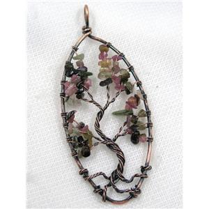Tourmaline Chips Pendant Tree Of Life Wire Wrapped Oval Antique Red, approx 40x80mm [GMPDA8066]