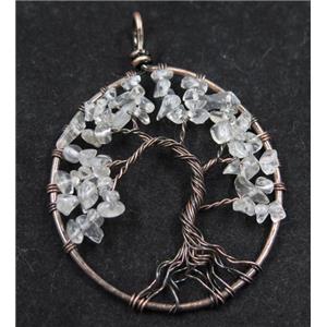 Clear Quartz Chips Pendant Tree Of Life Wire Wrapped Circle Antique Red, approx 50mm dia [GMPDA8068]