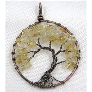 Citrine Chips Pendant Tree Of Life Wire Wrapped Circle Antique Red, approx 50mm dia [GMPDA8069]