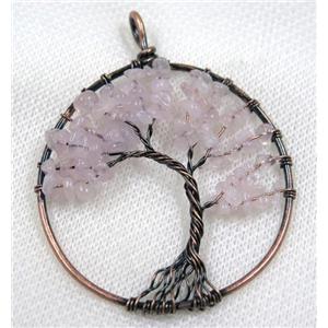 Pink Rose Quartz Chips Pendant Tree Of Life Wire Wrapped Circle Antique Red, approx 50mm dia [GMPDA8070]