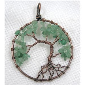 Green Aventurine Chips Pendant Tree Of Life Wire Wrapped Circle Antique Red, approx 50mm dia [GMPDA8071]