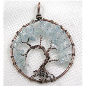 Aquamarine Chips Pendant Tree Of Life Wire Wrapped Circle Antique Red, approx 50mm dia [GMPDA8072]