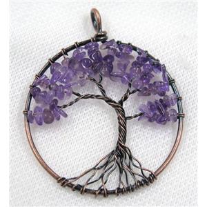 Purple Amethyst Chips Pendant Tree Of Life Wire Wrapped Circle Antique Red, approx 50mm dia [GMPDA8073]