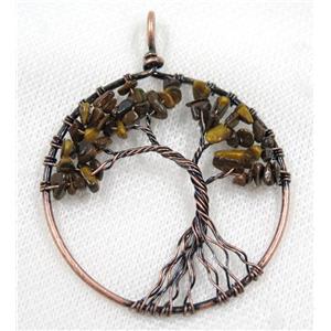 Tiger Eye Stone Chips Pendant Tree Of Life Wire Wrapped Circle Antique Red, approx 50mm dia [GMPDA8074]