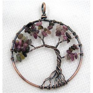Multicolor Tourmaline Chips Pendant Tree Of Life Wire Wrapped Circle Antique Red, approx 50mm dia [GMPDA8078]