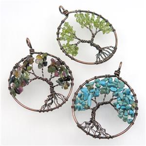 Gemstone Chips Pendant Tree Of Life Wire Wrapped Circle Antique Red Mixed, approx 50mm dia [GMPDA8080]