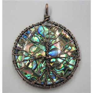 Tree of life Paua Abalone Shell pendant, flat round, wire wrapped, approx 45mm dia [GMPDA8098]