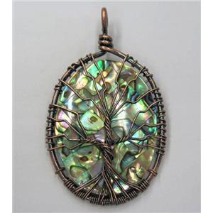 Tree of life Paua Abalone Shell pendant, oval, wire wrapped, approx 35x45mm [GMPDA8099]