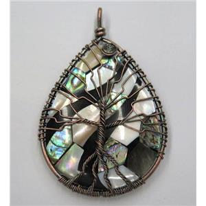 Tree of life Paua Abalone Shell pendant, teardrop, wire wrapped, approx 45x55mm [GMPDA8100]
