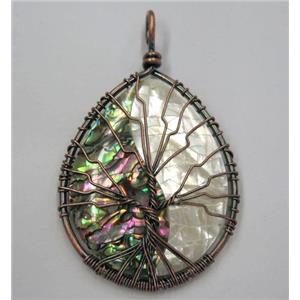 Tree of life Paua Abalone Shell pendant, teardrop, wire wrapped, approx 40x50mm [GMPDA8101]