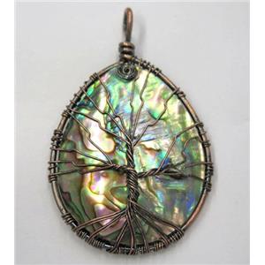 Tree of life Paua Abalone Shell pendant, teardrop, wire wrapped, approx 45x55mm [GMPDA8102]