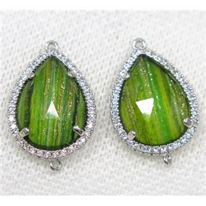 green crystal glass connector paved rhinestone, faceted teardrop, platinum plated, approx 13x18mm [GMPDA8104]