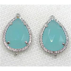 aqua crystal glass connector paved rhinestone, faceted teardrop, platinum plated, approx 13x18mm [GMPDA8107]