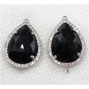 black crystal glass connector paved rhinestone, faceted teardrop, platinum plated, approx 13x18mm [GMPDA8108]