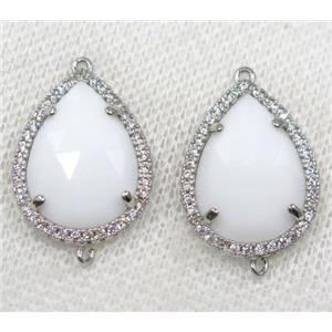 white crystal glass connector paved rhinestone, faceted teardrop, platinum plated, approx 13x18mm [GMPDA8109]