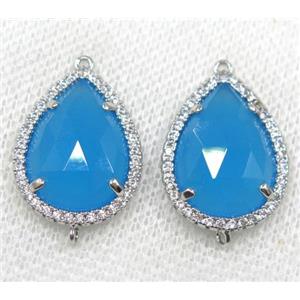 blue crystal glass connector paved rhinestone, faceted teardrop, platinum plated, approx 13x18mm [GMPDA8110]