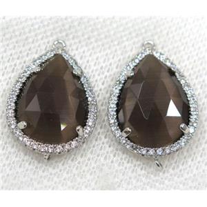 smoky crystal glass connector paved rhinestone, faceted teardrop, platinum plated, approx 13x18mm [GMPDA8118]