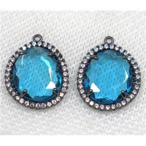 blue crystal glass pendant paved rhinestone, faceted teardrop, black plated, approx 12x14mm [GMPDA8122]