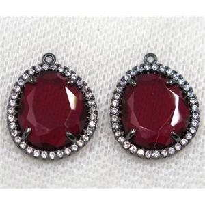 ruby crystal glass pendant paved rhinestone, faceted teardrop, black plated, approx 12x14mm [GMPDA8127]