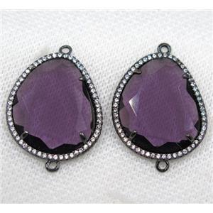 purple crystal glass connector paved rhinestone, faceted teardrop, black plated, approx 20x25mm [GMPDA8131]
