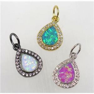 synthetic Fire Opal pendant paved zircon, copper, teardrop, mix color, approx 10x12mm [GMPDA8246]