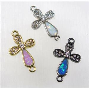 synthetic Fire Opal connector paved zircon, copper, cross, mix color, approx 10x13mm [GMPDA8249]