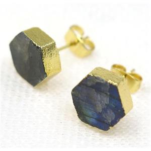 Labradorite earring stud, hexagon, gold plated, approx 10mm dia [GMPDA8272]