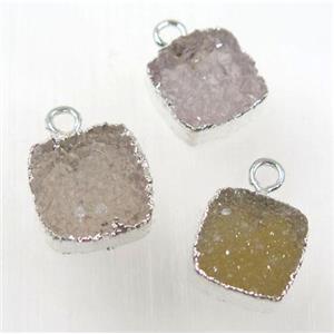 druzy agate pendant, natural color, square, silver plated, approx 10x10mm [GMPDA8314-10MM]