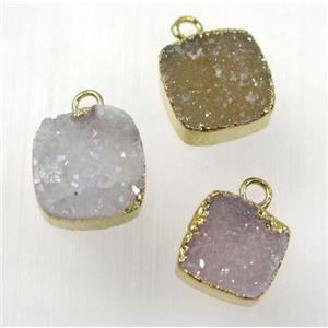 druzy agate pendant, natural color, square, gold plated, approx 10x10mm [GMPDA8315-10MM]