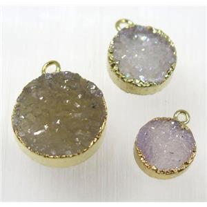 druzy agate pendant, natural color, flat round, gold plated, approx 16mm dia [GMPDA8321-16MM]