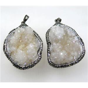 druzy agate pendant paved rhinestone, white AB-color, freeform, approx 25-45mm [GMPDA8328]