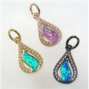 synthetic Fire Opal pendant paved zircon, teardrop, copper, mix color, approx 10x15mm [GMPDA8331]