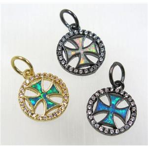 synthetic Fire Opal pendant paved zircon, copper, cross, , mix color, approx 12mm [GMPDA8334]
