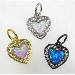 synthetic Fire Opal heart pendant paved zircon, copper, mix color, approx 10-11mm [GMPDA8337]