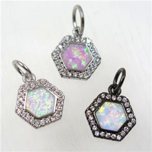 synthetic Fire Opal hexagon pendant paved zircon, copper, mix color, approx 10-11mm [GMPDA8338]