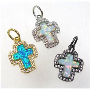 synthetic Fire Opal cross pendant paved zircon, copper, mix color, approx 12x14mm [GMPDA8340]